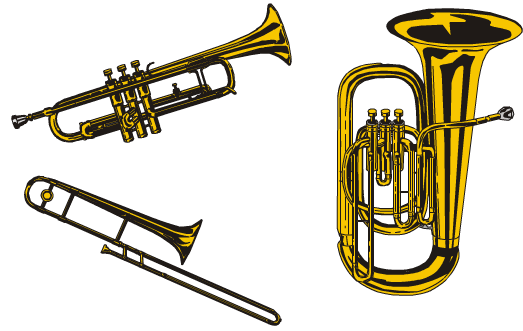 A trumpet, a trombone, and a tuba.
