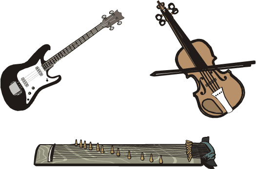 A guitar, a violin, and a shamisen.